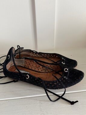 Halogen Nella Ghillie Suede Ballet Flats Black Lace Up Ankle Tie Sz 7.5M